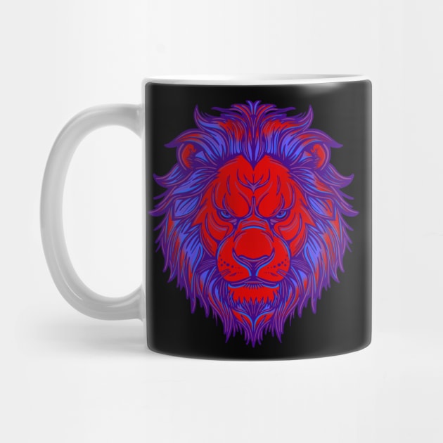 Red and blue lion face with mane by DaveDanchuk